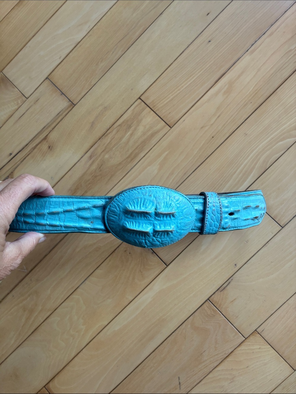 Vintage Mexican leather turquoise color crocodile like belt.